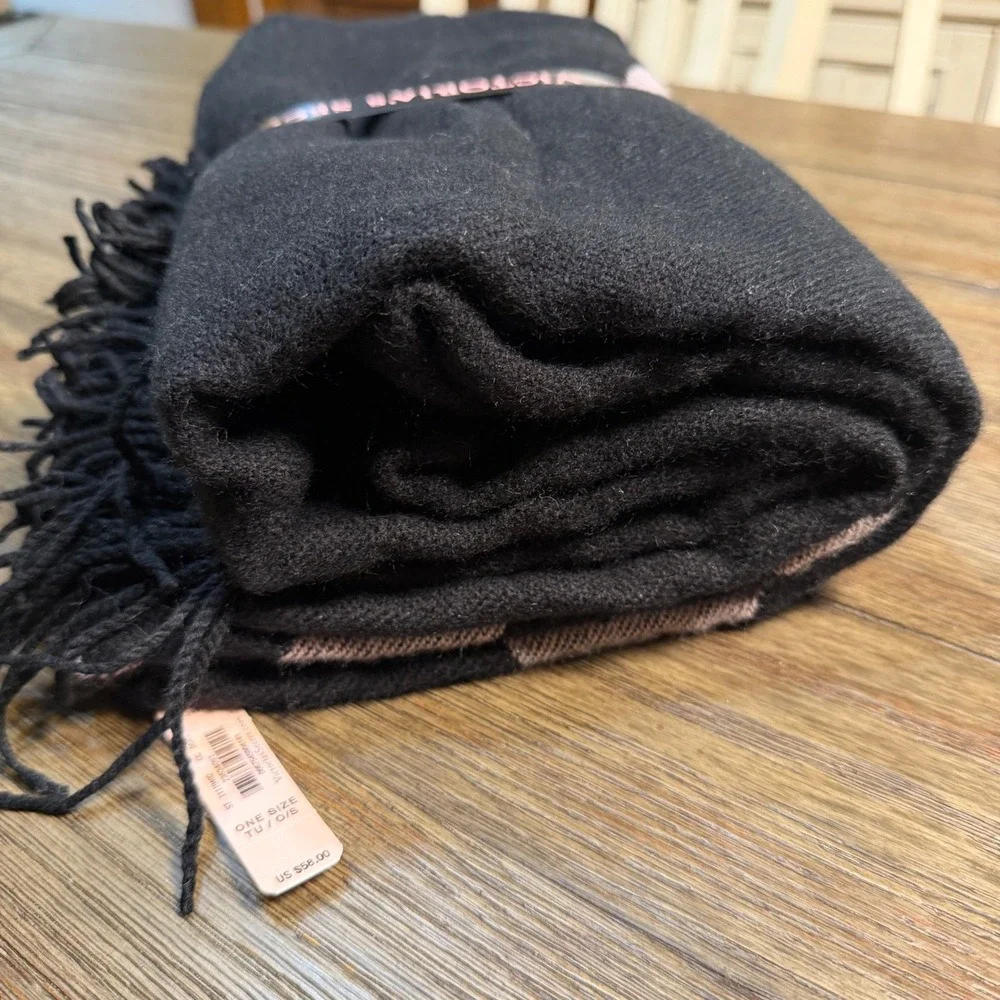 Victoria's Secret Black Pink Logo Knit Blanket Throw with Fringe New‎ $58